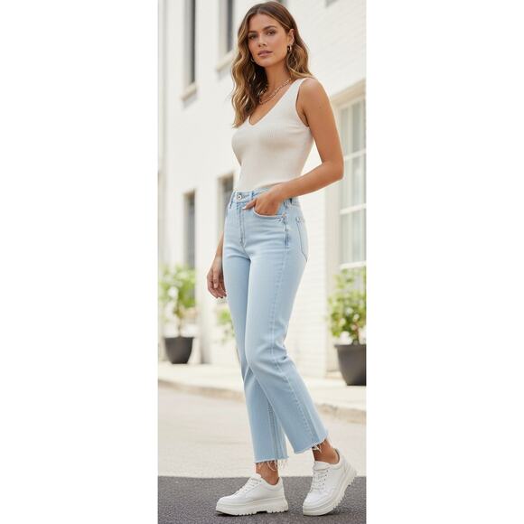 Zara Women 4 Light Wash Button Fly Cotton High Rise Straight Leg Denim Jeans - Picture 1 of 8
